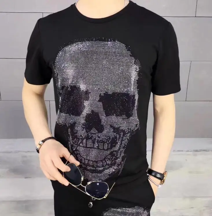 

England Style Tshirt Man Diamond Short Sleeve T-shirt Men's fashion Summer Rhinestone Design Bottom T Shirts