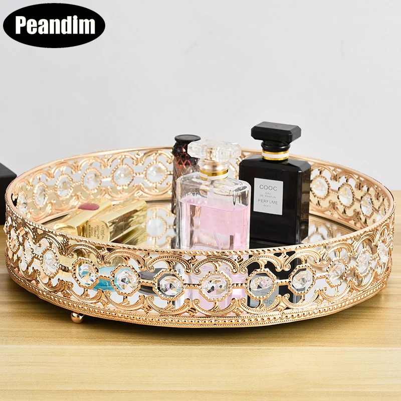 

PEANDIM Round Hollow Tray Crystal Cake Stand Gold Cosmetic Storage Wedding Centerpieces Display Tools Home Table Plate Decor