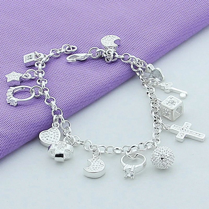 

Silver 925 Jewelry Star Moon CZ Charm Bracelet Fashion Jewelry Cross Chain Bracelet 20cm For Women Gift