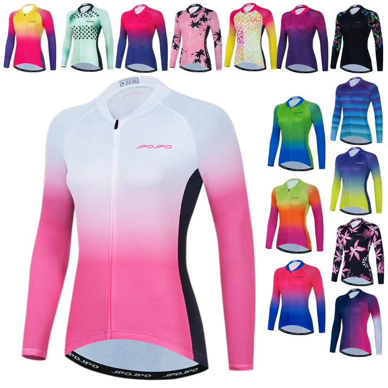 Pink-White Autumn Cycling Jersey Women Long Sleeve Spring Bicycle Clothing Tops Pro Team MTB Bike Jersey Racing Cycling Jacket