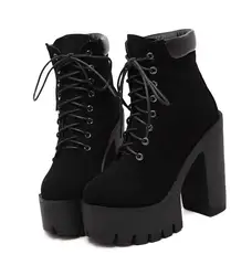 Sexy Fashion Spring Autumn Platform Ankle Boots Women Lace Up Shoes Thick Heel Platform Boots Ladies Worker Boots Black Big Size