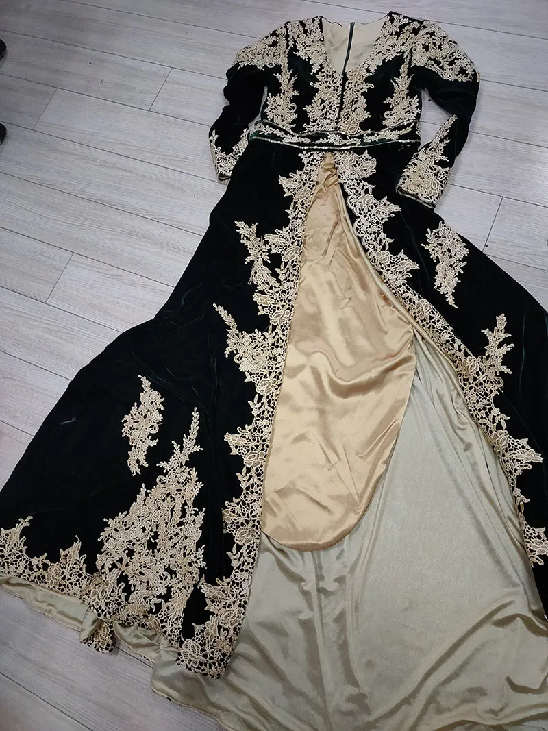 SoDigne-vestido de noche de terciopelo de sirena Marocco, 3 piezas, sobrefalda, apliques divididos de encaje, vestidos formales de graduación, traje argelino con borla