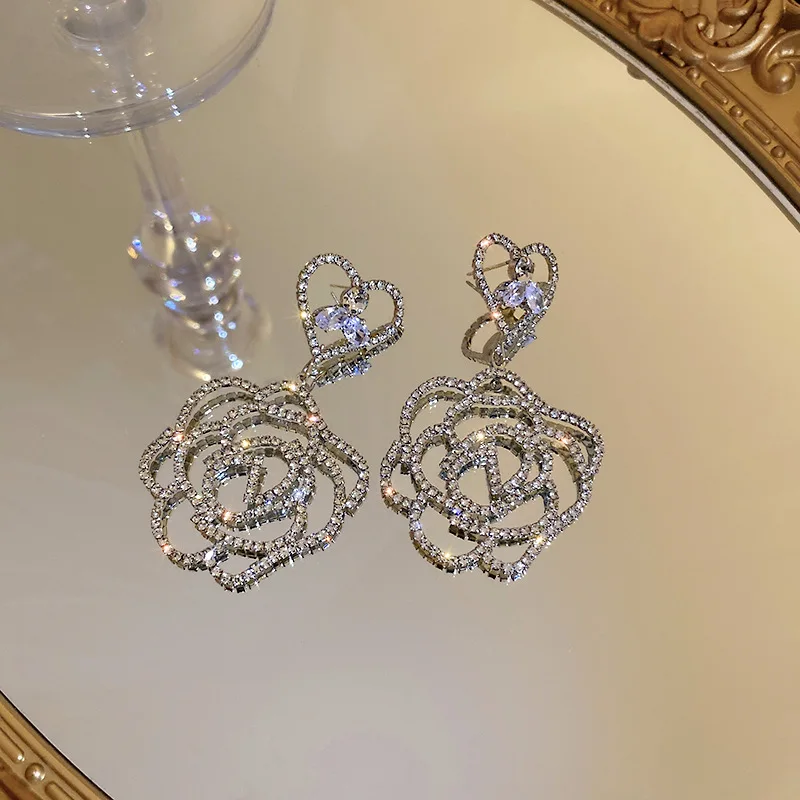 925 silver needle full of drill hollow love flower earrings Europe and the United States exaggerated super flash earring mesh re