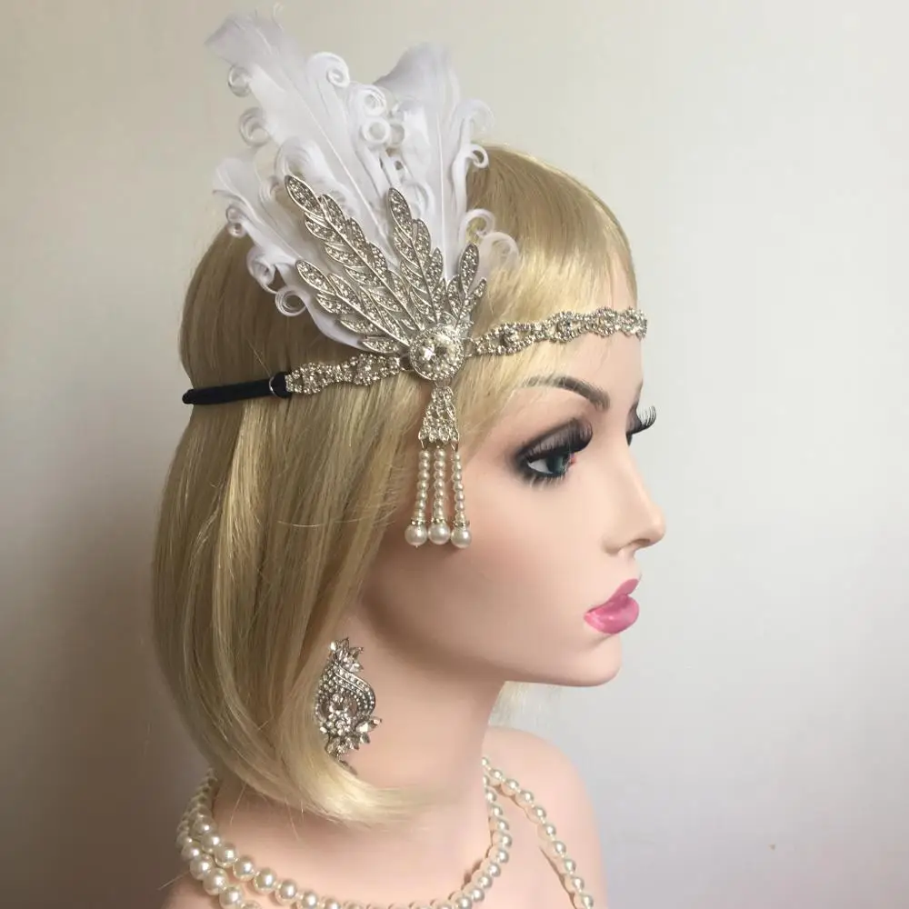 wedding accessories 1920's Bridal Headband Flapper Bridesmaid Girls Headpiece Great Gatsby feather beaded Charleston costume