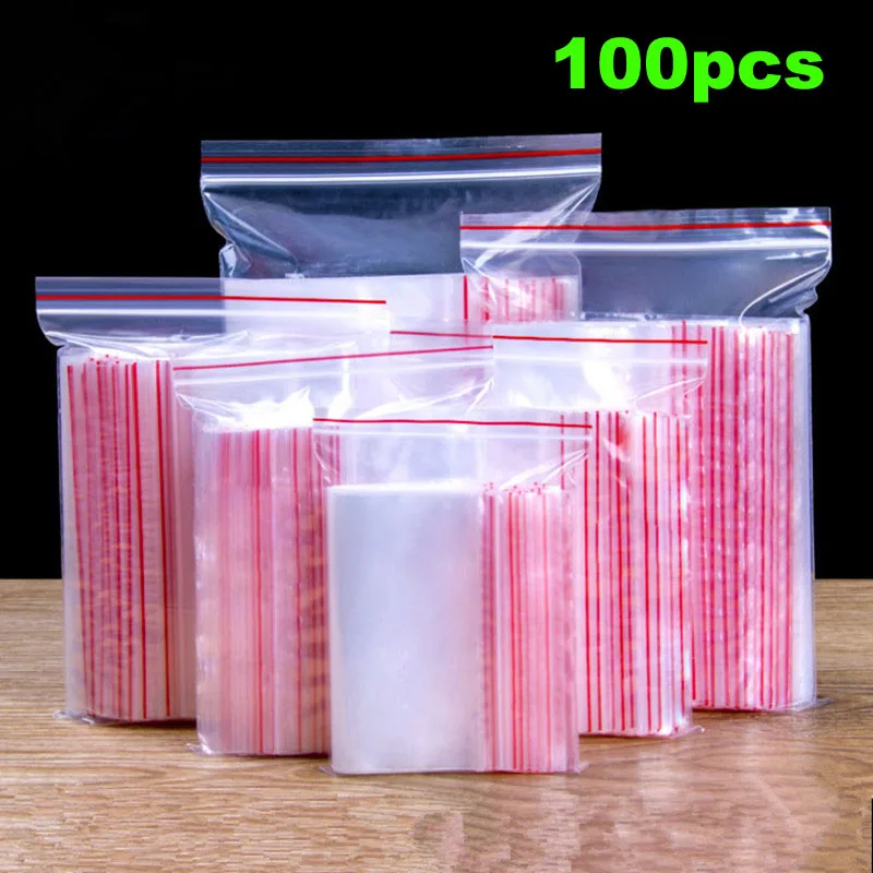 100pcs/pack Resealable Ziplock Bag Self Seal Clear Food Storage Bag Package Zip Lock Plastic Bag Reclosable Fresh Bag Organizer