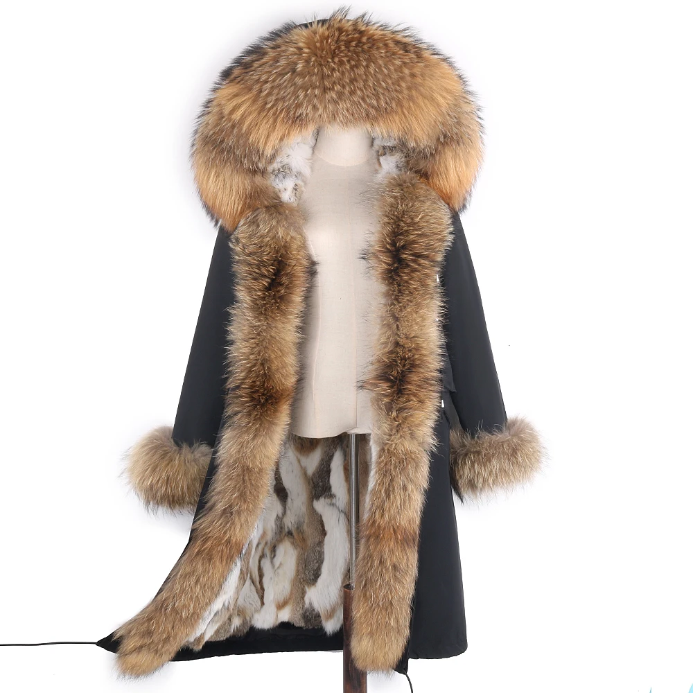 Real Rabbit Fur Coat X-long Natural Fur Jacket Women\'s Winter Parka Waterproof Big Raccoon/Fox Fur Collar Hooded Streetwear New