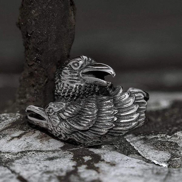 Viking Men Two Entwined Ravens Ring Norse Mythology Silver Color Odin Crow Stainless Steel Rings Nordic Amulet Jewelry OSR434
