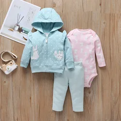 3PCS Newborn Baby Boy Girl Clothes Sets 2022 Spring Fall Animals Floral Warm Hooded Coat+Romper+Pants Newborn Baby Outfits