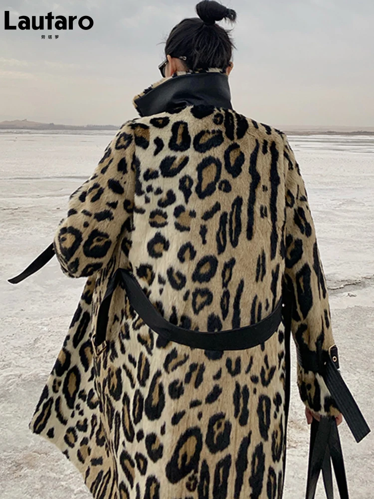 Laro inverno longo estampa de leopardo quente fofo pele sintética casaco para mulheres manga comprida duplo breasted moda europeia 2021