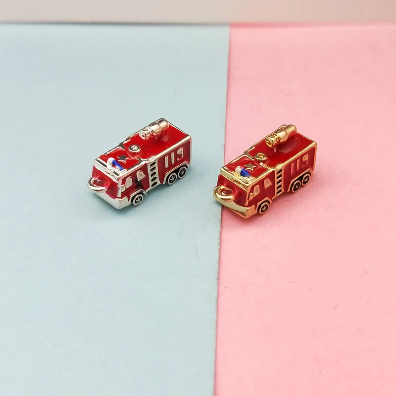 5PCS 3D Fire Truck Enamel Pendant Charms Oil Drop 119 Truck Model Keychain Finding DIY Handmade Bracelet Floating Jewelry Make