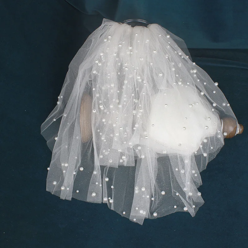 Nieuwe Aankomst Ivoor Korte Bridal Veils Parels Kralen Bruiloft Sluier Korte Sexy Bruiloft Accessoires Bruid Accesorios Novia