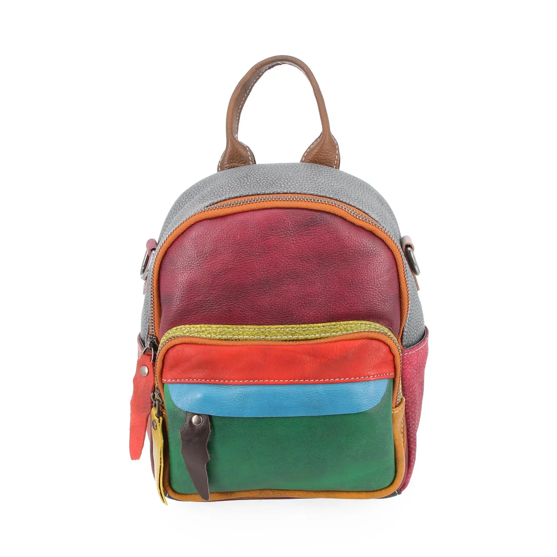 Genuine Leather Women Colorful Stripe Small Backpack Teenager Outdoor Rucksack