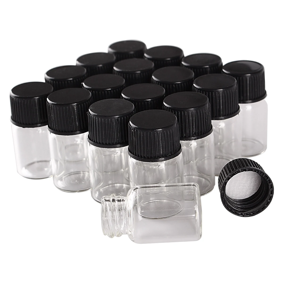 wholesale 100 pieces 2ml 16*26mm Transparent Glass Bottles with Black Plastic Caps Mini Glass Bottles Tiny Jars Vials