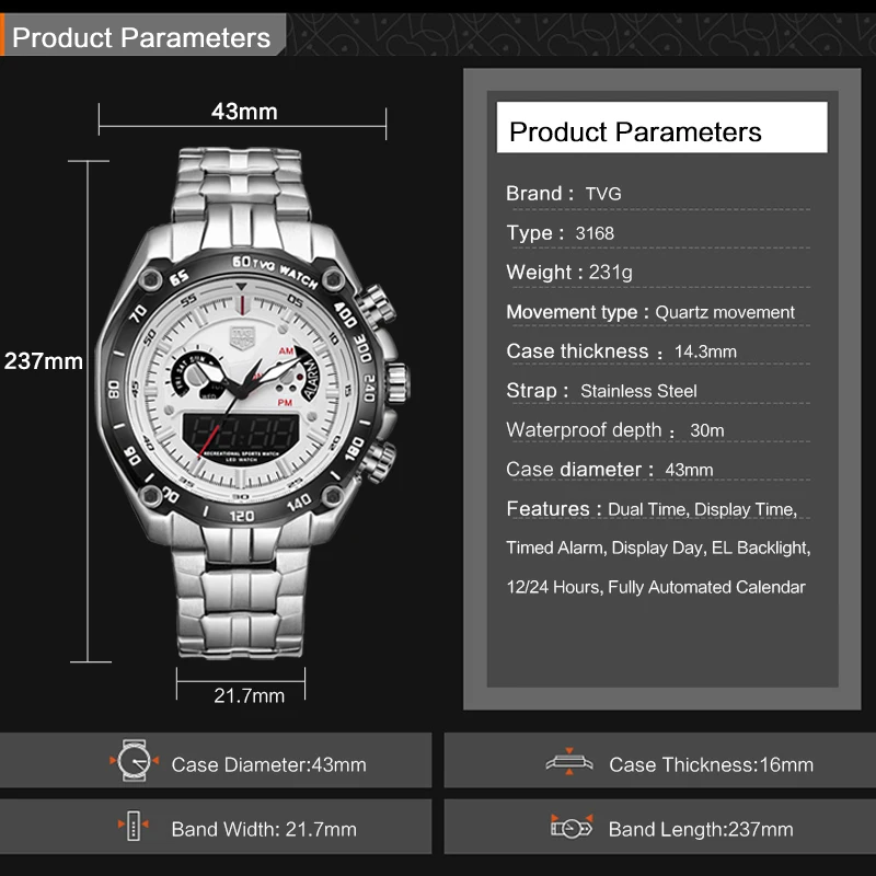 새로운 디지털 시계 남자 TVG 3168 남자 시계 최고 브랜드 시계 듀얼 디스플레이 패션 스포츠 시계, 날짜 주 알람 손목 시계 도구