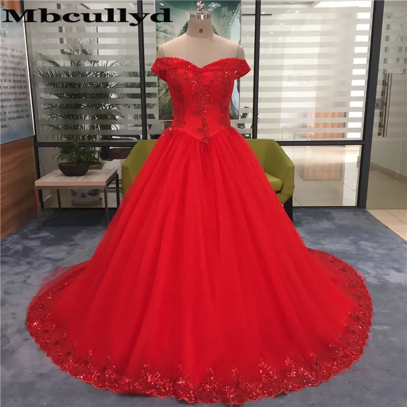 Mbcullyd Princess Puffy Red Quinceanera Dresses For Girls Glitter Beading Off Shoulder Vestidos De 15 Anos Sweet 16 Party Dress