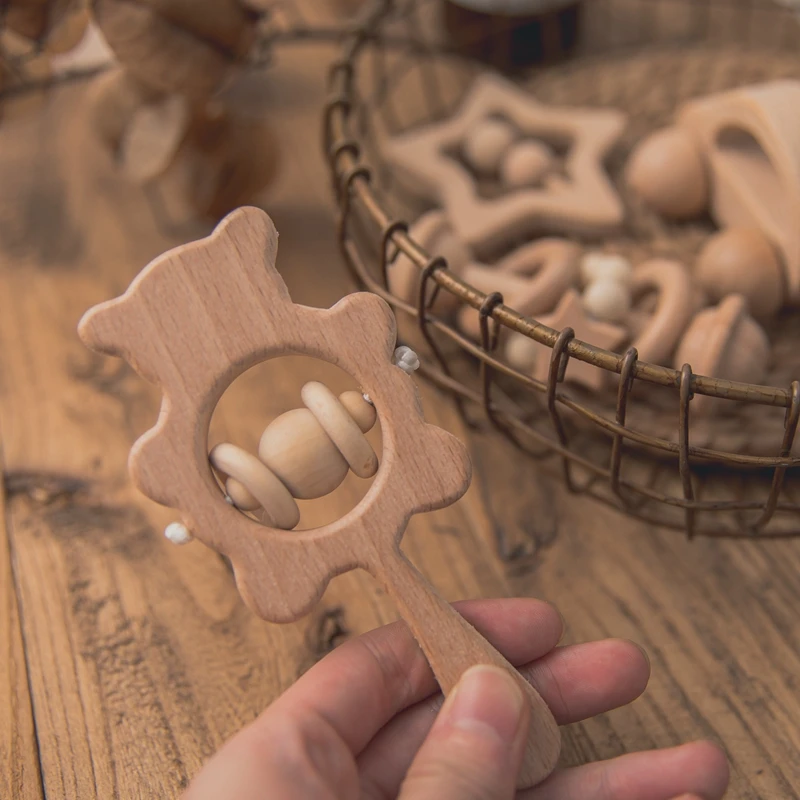 Conjuntos de chocalhos de madeira para bebês, brinquedos infantis com chocalhos de madeira faia, desenho animado, urso, chocalhos musicais montessori, presentes educacionais