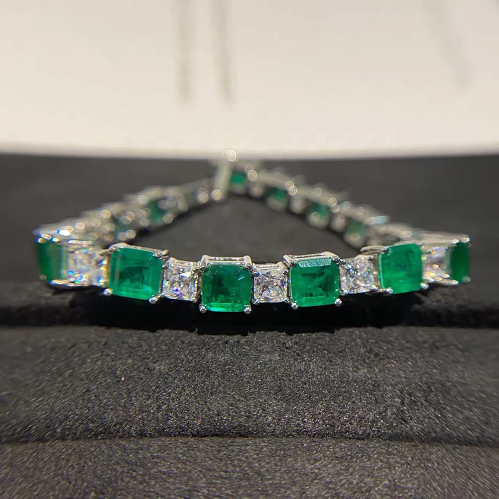 

15-18cm 925 Sterling Silver Synthesis Colombian Emerald Bracelets for Women S925 Silver Carbon Diamond Chain Bracelet Bangles