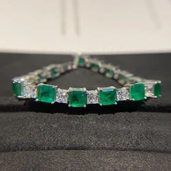 15-18cm 925 Sterling Silver Synthesis Colombian Emerald Bracelets for Women S925 Silver Carbon Diamond Chain Bracelet Bangles