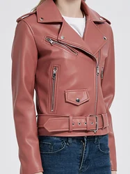 New Women Spring Autumn Beige Black Pink Faux Leather Jackets Zipper Basic Coat Turn-down Collar Motor Biker Jacket With Belt