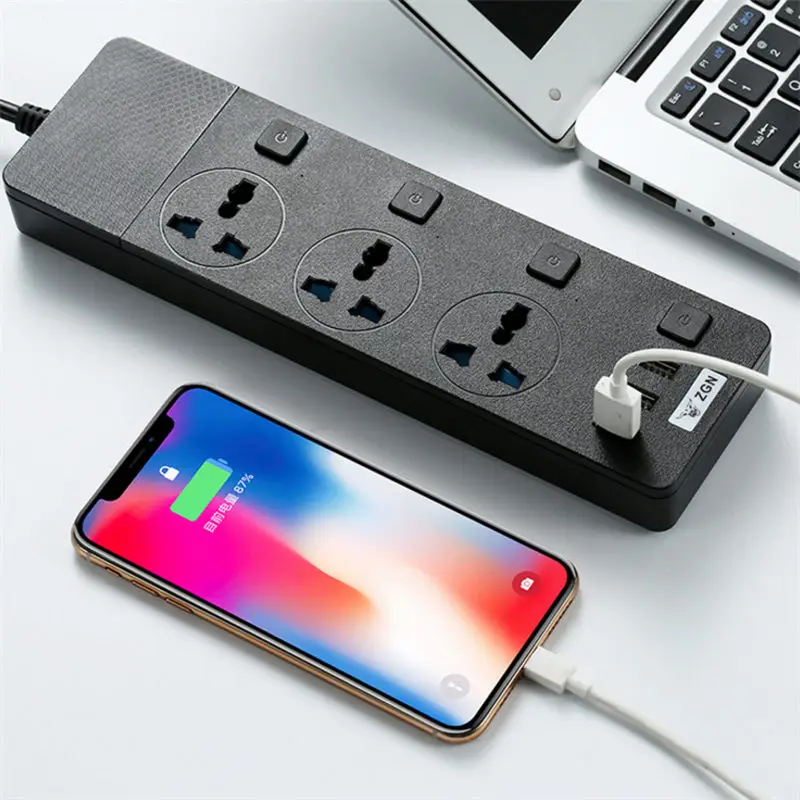 3000W Power Strip with 3 USB 3 Outlet, Desktop Charging Station EU US UK Plug Extension Cord Portable Independent Switch, Black