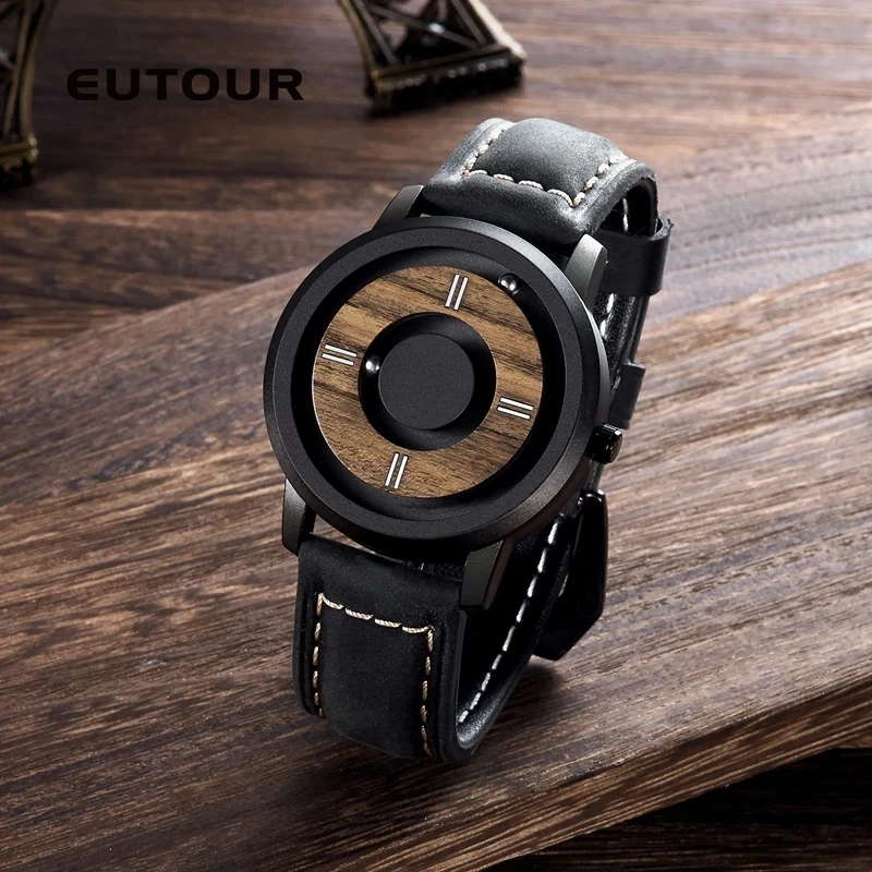 Eutour Wooden Magnetic Ball Watch Men Luxury Quartz Watches Man Leather Mens Wristwatch Casual Male Clock Relogio Masculino 2021