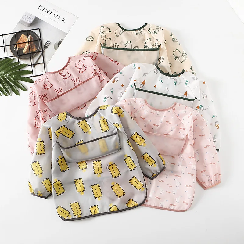 Baby Waterproof Bibs Long Sleeve Pocket Infant Cute Colorful Cartoon Printing Feeding Burp Cloths Baby Eating Accessories