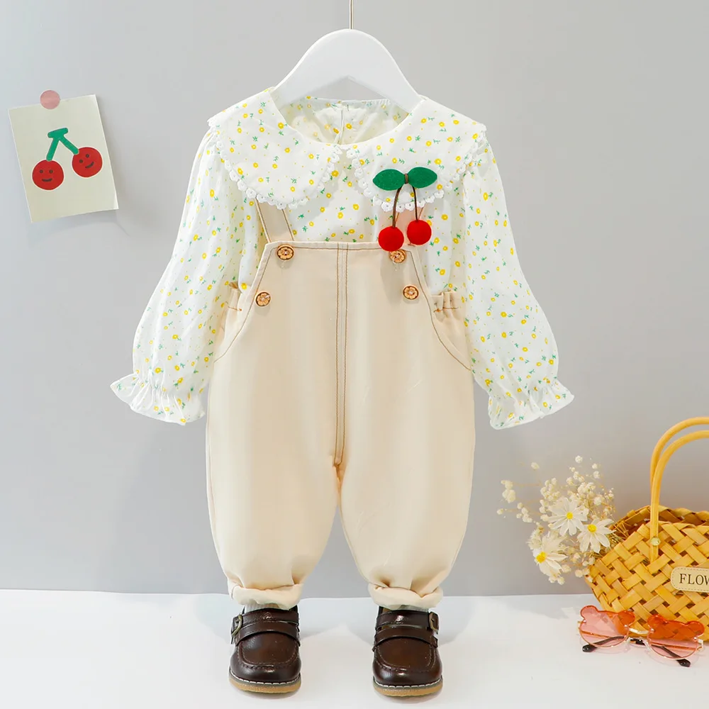 Spring newborn baby girls clothes outfit set floral shirt denim overalls suit for baby girl clothing 1 year infant birthday sets