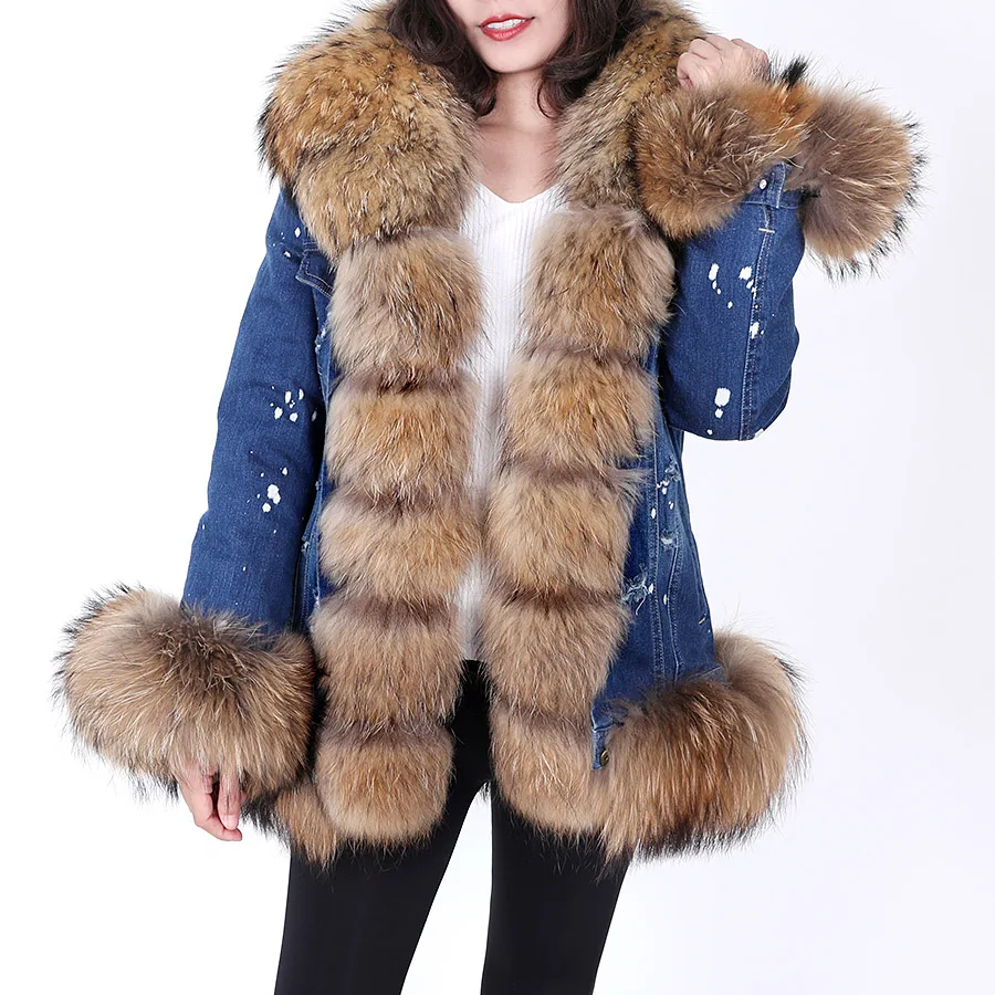 MAOMAOKONG 2020 winter warm detachable fox fur lining denim jacket natural real raccoon fur collar female jacket Women\'s coat