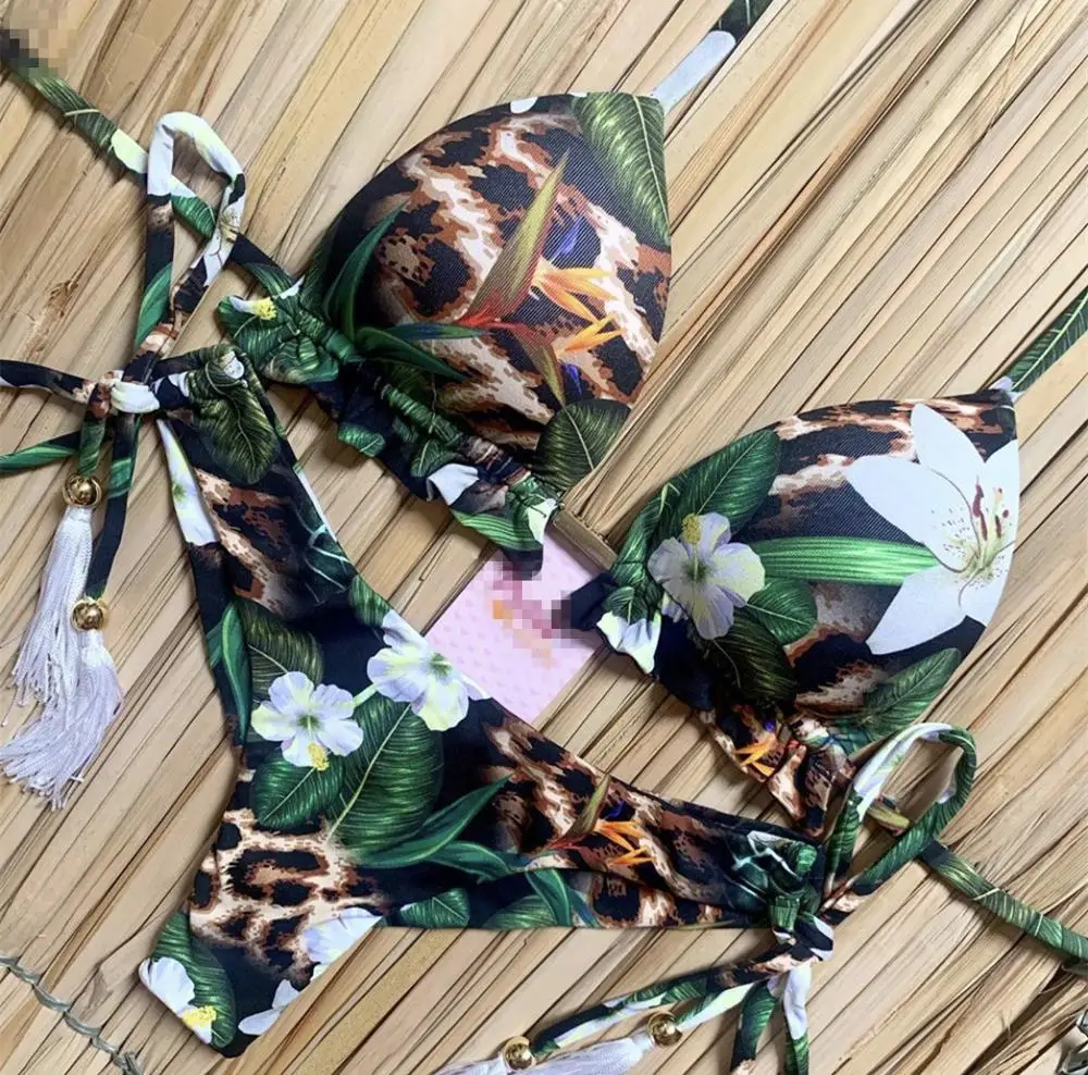 

Brazilian bikini thong 2024 Leaves print bathing suit Tassel swimwear women Sexy swimsuit female Push up bathers new biquinis