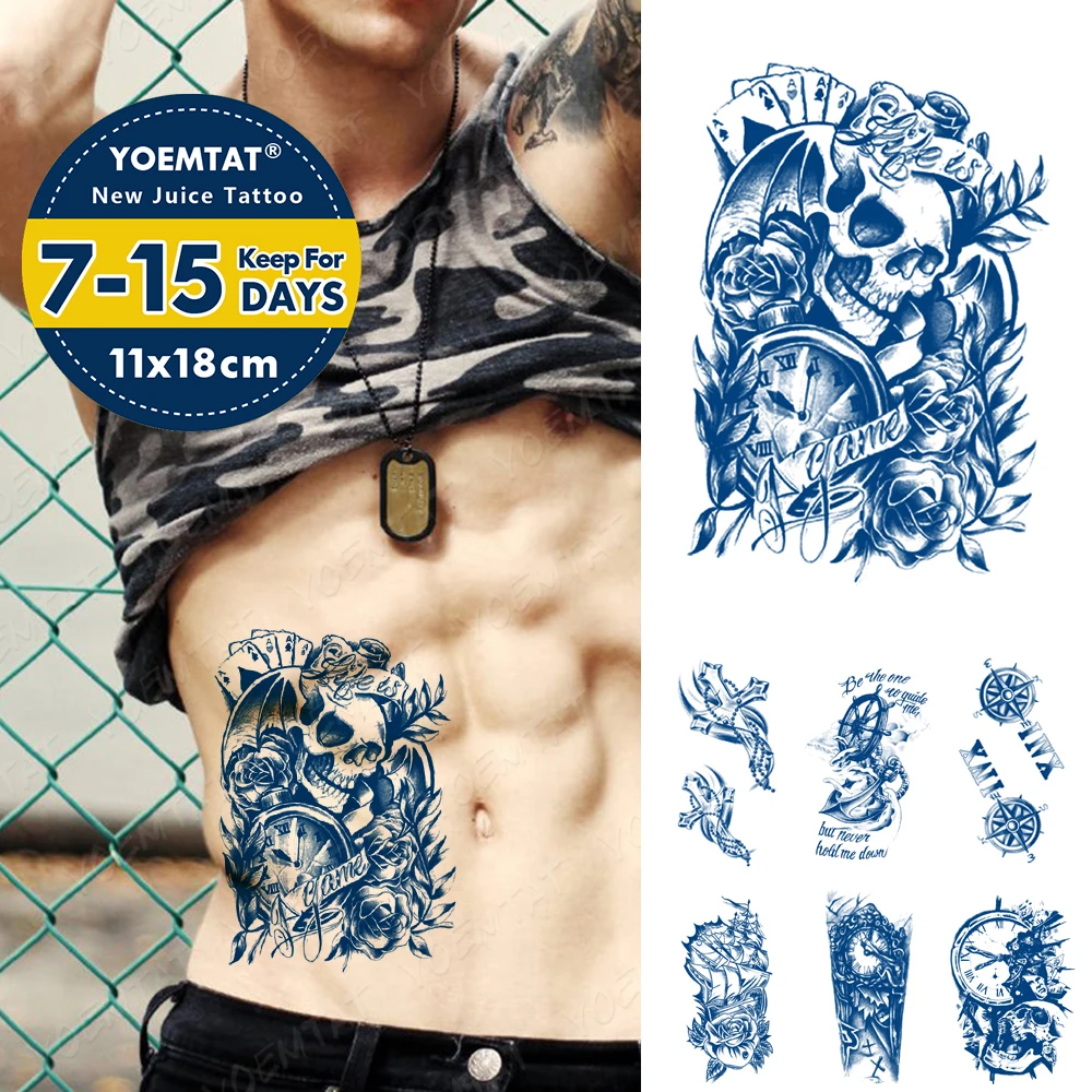 Juice Ink Tattoos Body Art Lasting Waterproof Temporary Tattoo Sticker Poker Skull Clock Tatoo Arm Fake Rose Cross Tatto Men