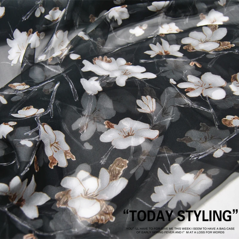 

Silk Chiffon Fabric Dress Large Wide Black and White Flower Real 100% clothing Cloth DIY Sewing Tissue