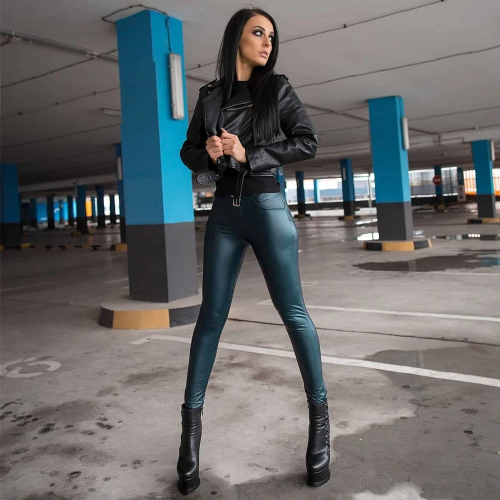 Shascullfites Mid Waist Tight Leather Pants Women Soft Leather Look Blue Pants Female Trousers Street Wear Girls Sports Leggings