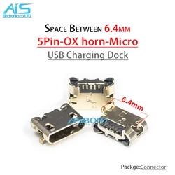 50Pcs/Lot Micro USB 5pin jack Ox horn flat edge 6.4mm Plate Female socket Mini connector for Sony VIV0 X1 X3 charging tail plug