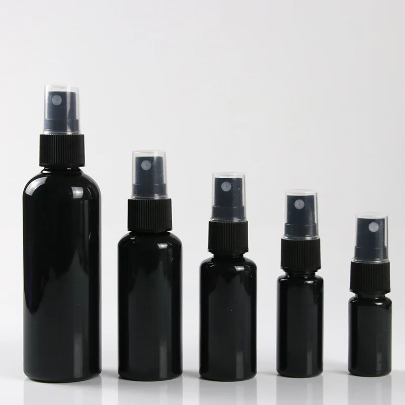 50pcs 10ml 20ml 30ml 50ml 100 ml black plastic Spray Bottles Black sprayer Perfume Cosmetic Containers Green blue white Color