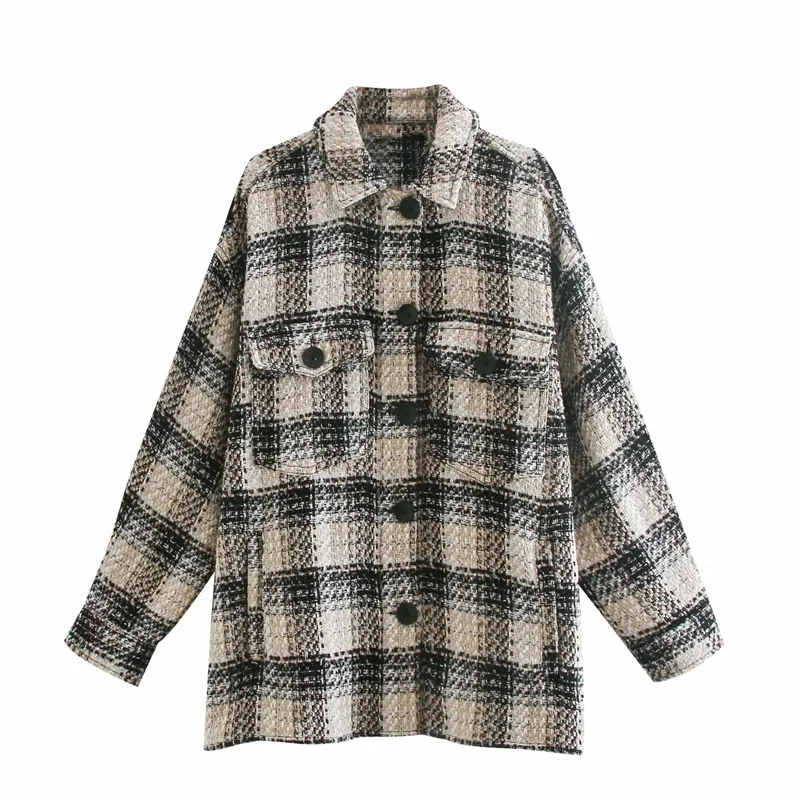 2020 New Autumn And Winter Retro Plaid Texture Loose Lapel Pockets Long Sleeve Shirt Jacket Coats Women’s