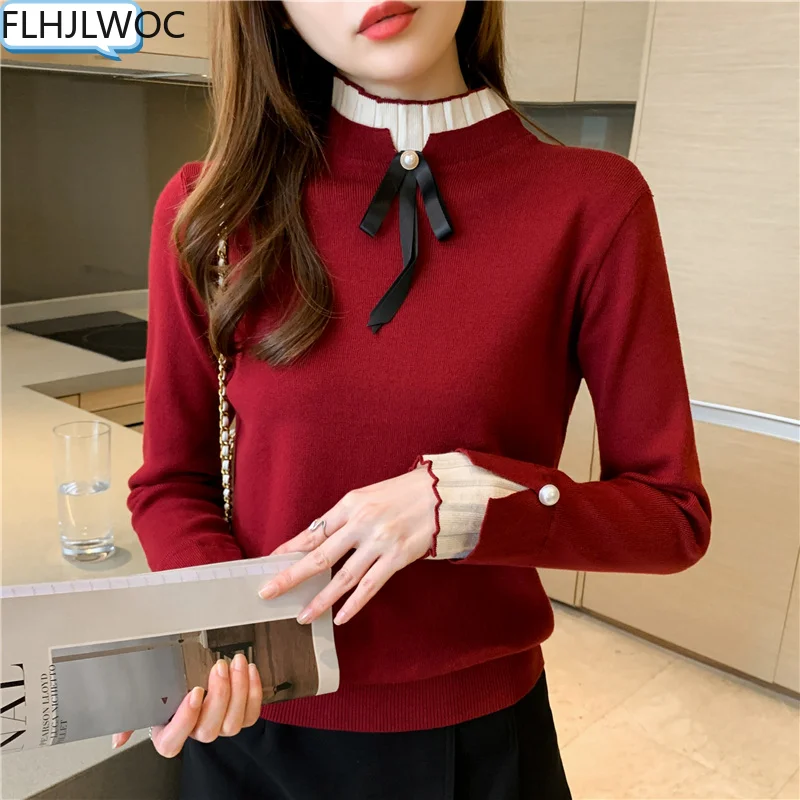 New Year Autumn Winter Basis Pullovers Jumpers Long Sleeve Casual Loose Japan Cute Sweet Girls Bow Tie Red Knitted Sweaters