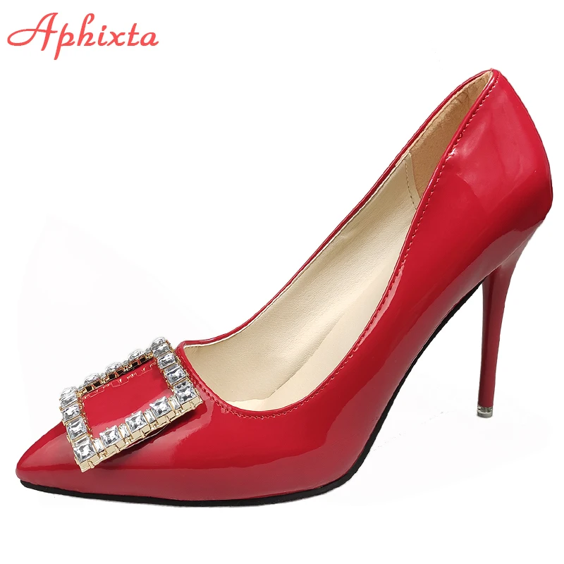 Aphixta 2022 New 7cm Square Heels Pumps Women Shoes Crystals Buckle Luxury Design Wedding Party Official Leisure Big Szie 50