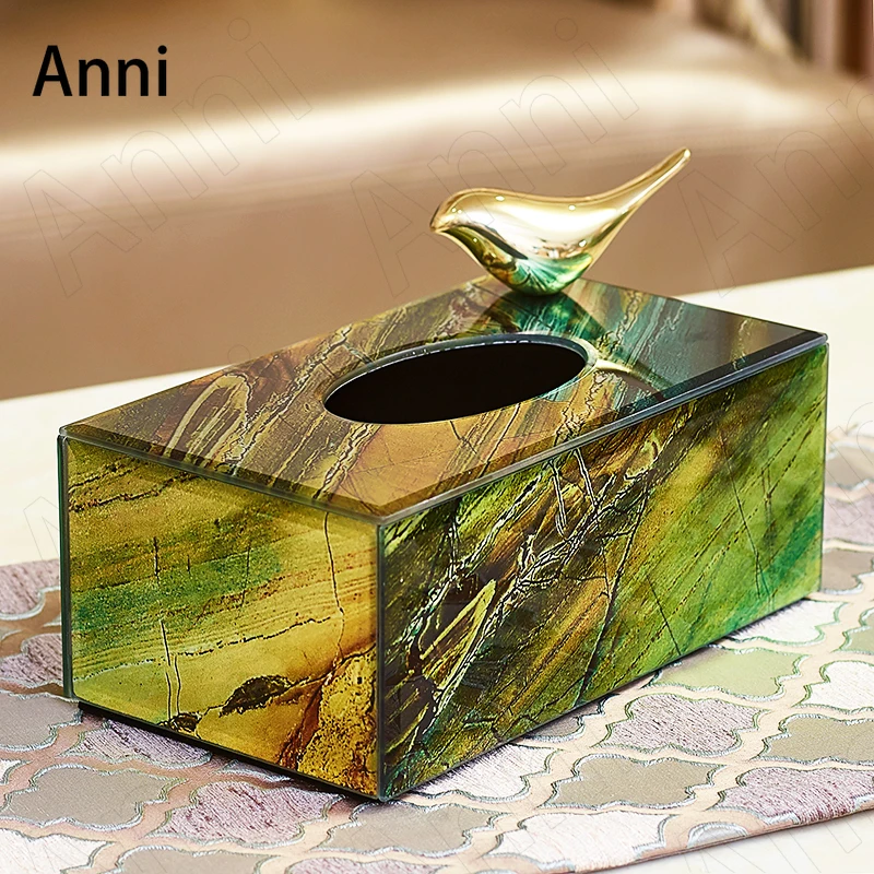 Creativity Agate Texture Glass Tissue Box Cover Nordic Modern Gild Bird Deer Decorative Paper Towel Organization Home Decoration