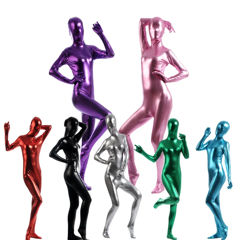 Unissex brilhante metálico zentai ternos senhora adulto criança brilhante bodysuit completo brilhante zentai bodysuit trajes de halloween