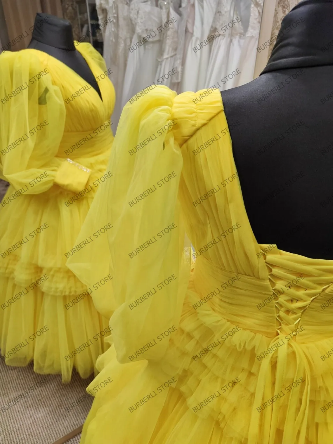 Real Image Puffy Yellow Tulle Ball Gowns Mid-Calf Elegant Ruffles Tiered Women Dress To Birthday Party V-neck Puff Long Sleeves