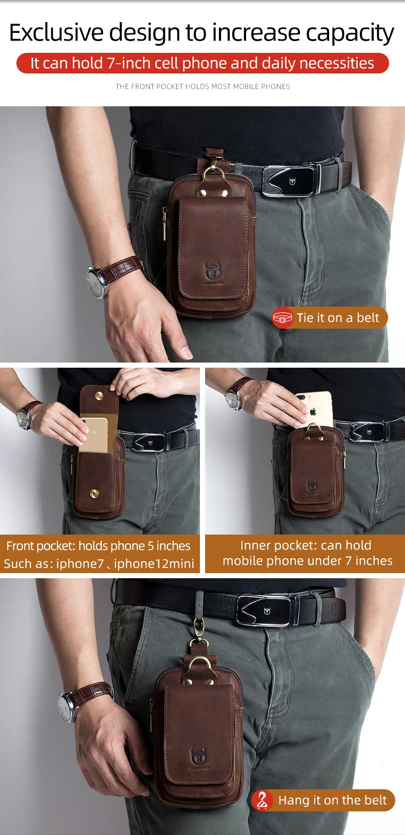 BULLCAPTAIN Mode Qualität Leder Kleine Sommer Tasche Haken Design Taille Pack Tasche Zigarette Fall 6 "Telefon Beutel Taille Gürtel tasche – Detail 5
