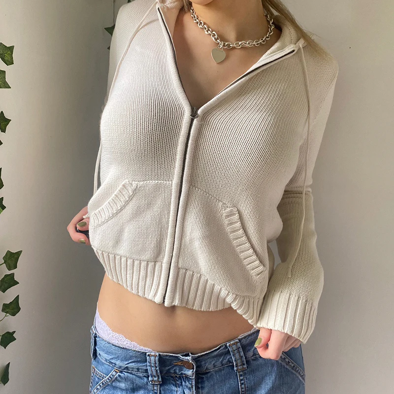 Women Knitted Sweater Hoodies Vintage Solid Color Long Sleeve Zip-up Cardigan Hooded Sweatshirt Outwear Y2k Pullover Streetwear