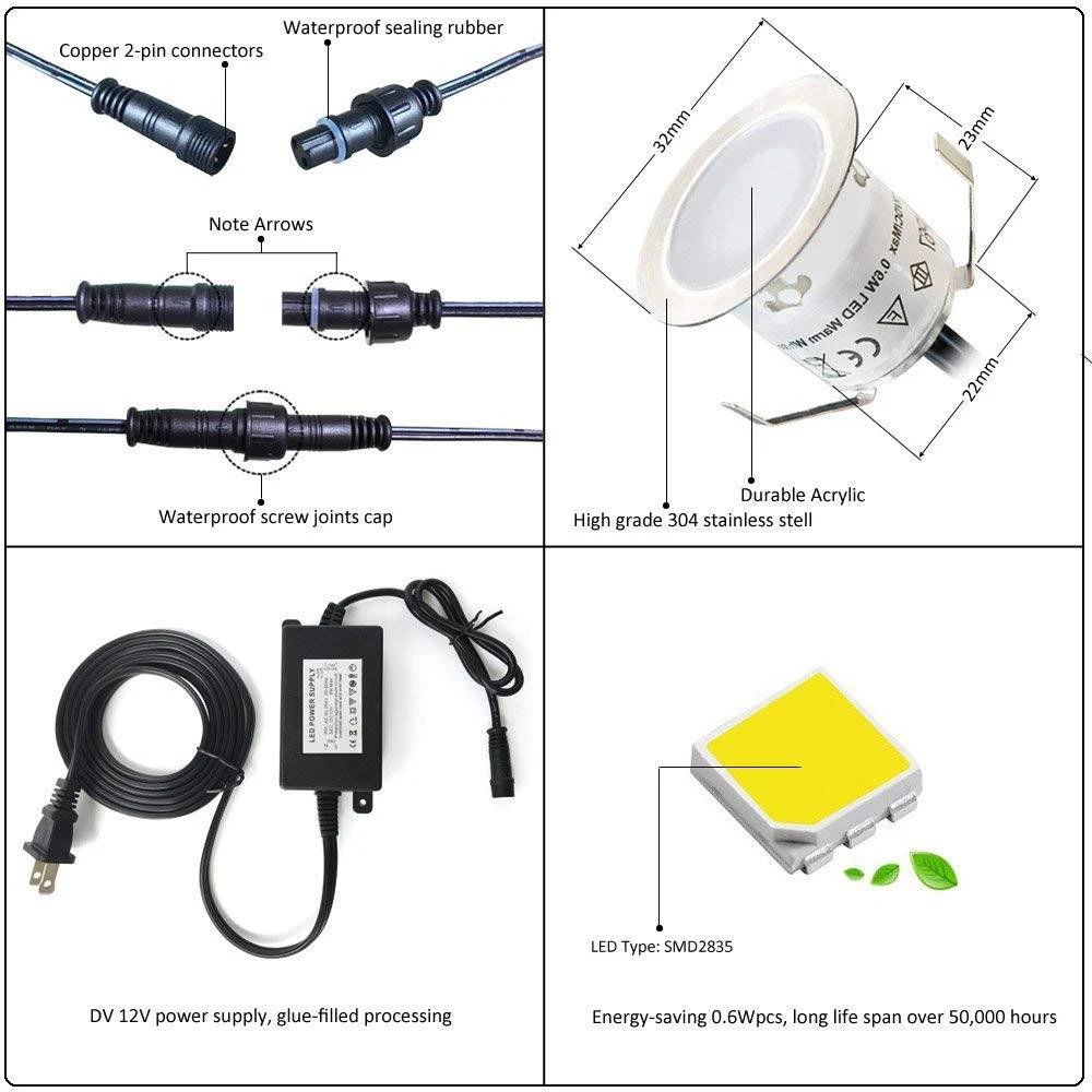 정원 조경 데크 조명, LED 스포트라이트, 지하 램프, 방수 IP67, EU, US, UK, AU 키트, 1 10/16, 12V