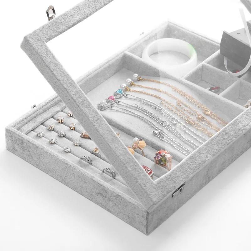 Top Ice Gray Velvet Jewelry Box Ring Pendant Necklace Earrings Box Display Storage Container Case Casket Jewelry Organizer Box