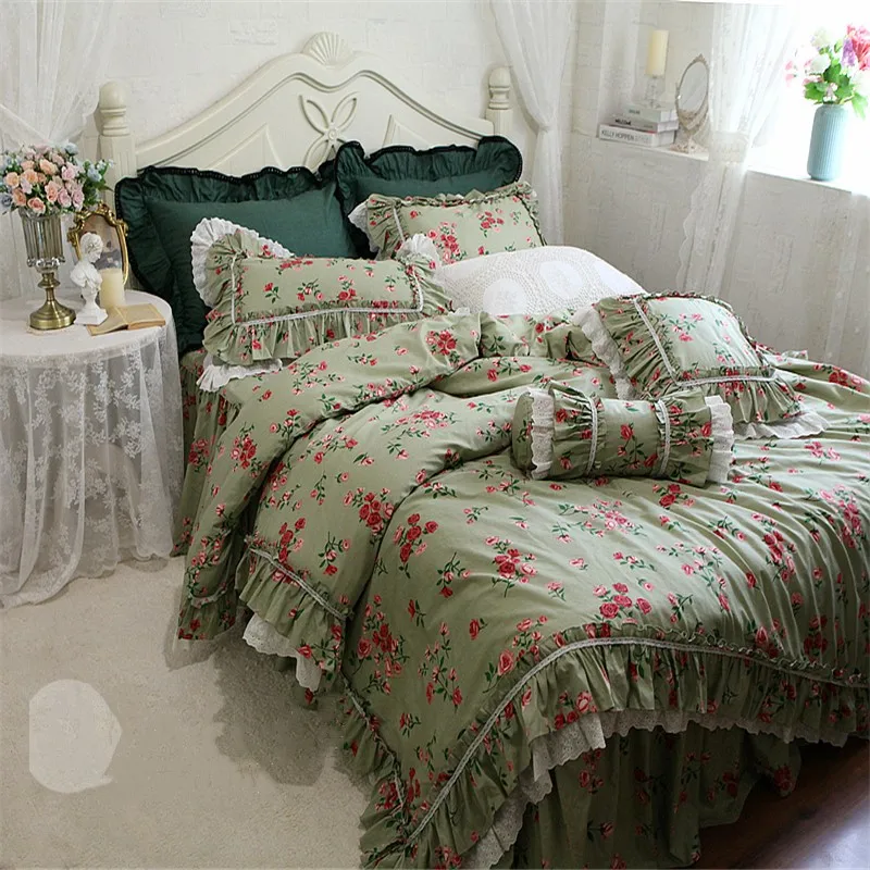 Korean French princess style retro floral fresh lace ruffles pure cotton green bed skirt full queen king bedding set S