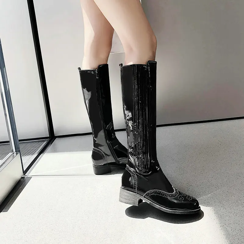 Women Knee High Boots Round Toe Mid Thick Heels Patent PU Leather Fashion Boots Side Zip Winter Boots Black Yellow Purple