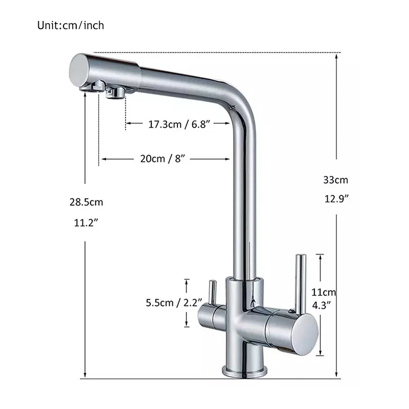 Filtr kuchenny kran chromowany picie czystej wody kran kuchenny montowany na pokładzie podwójne uchwyty 3-drożny mikser ciepłej i zimnej wody