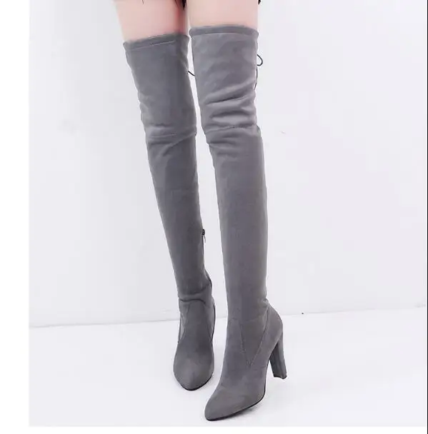 Botas femininas sensuais acolchoadas de camurça falsa, novas botas até o joelho, sexy coxa alta, bico fino, salto alto, plus size, inverno