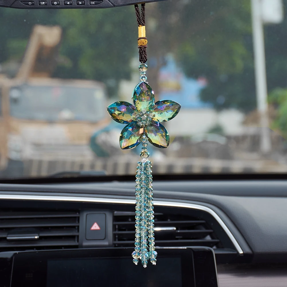 Car Rear View Mirror Hanging Accessories Artificial Crystal Flower Charm Pendants Ornaments Lucky Auto Interior Decoration Decor