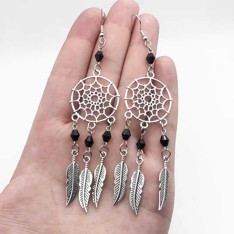 Gothic Dream Catcher Earrings Female Retro Color Hexagonal Beads Feather Leaf Pagan Earrings Wholesale Jewelry